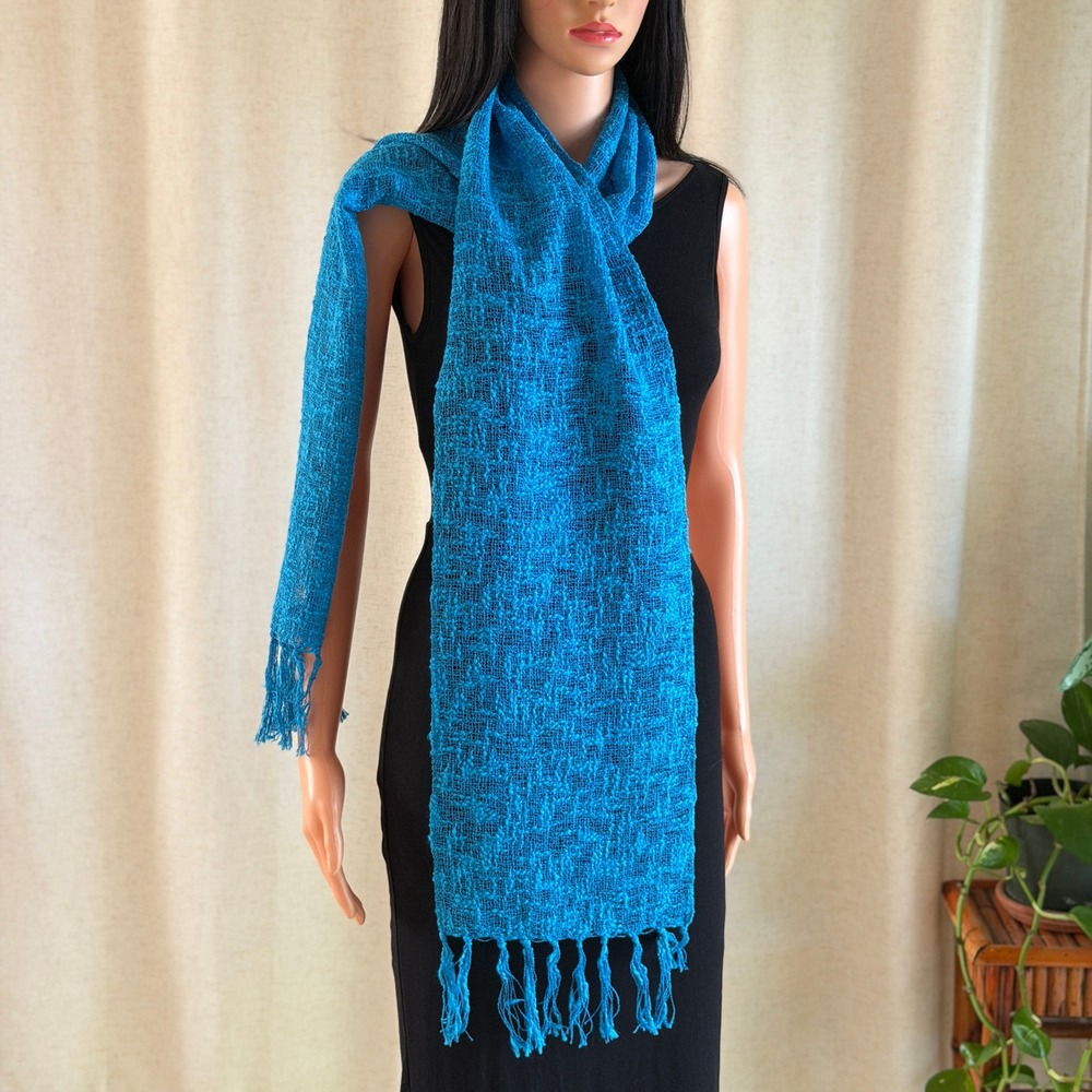 Echo Scarf Turquoise Blue Cotton Blend Open Knit Fringed Tassel Made in Japan